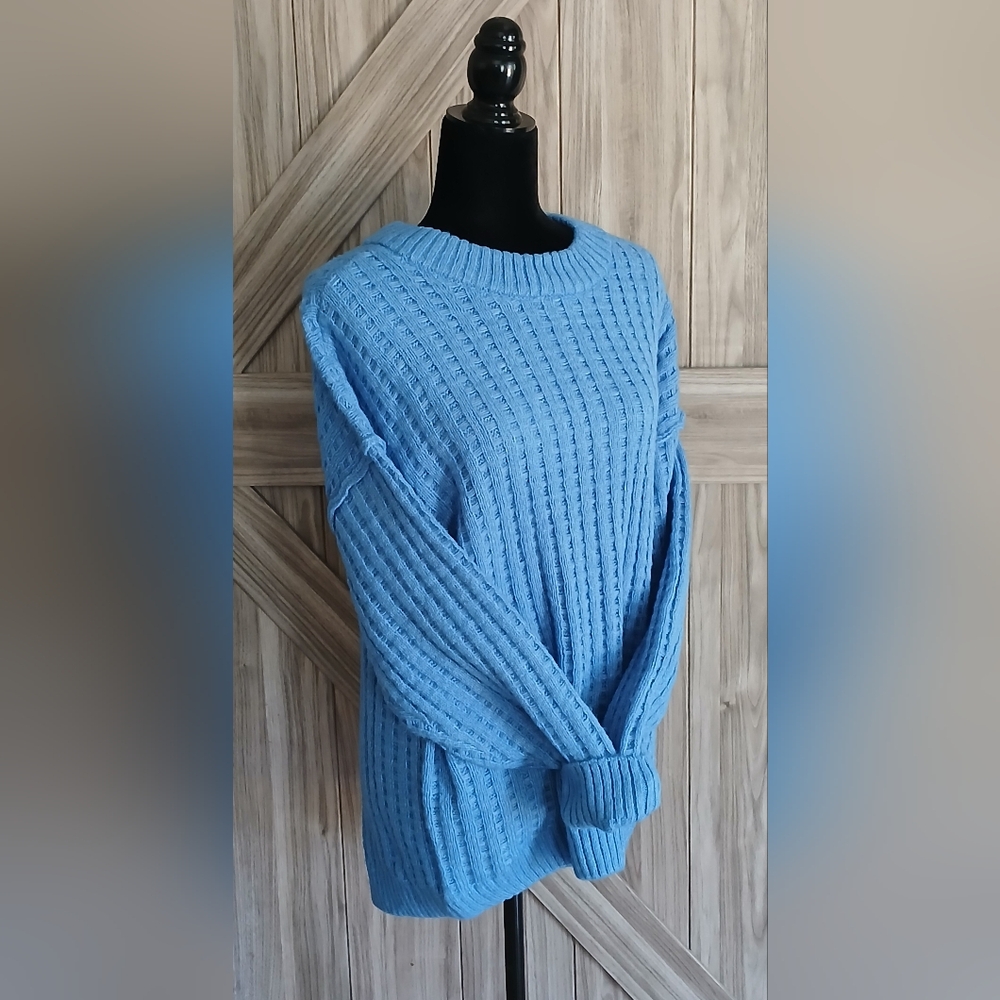 SO Women's Light Blue Crew Neck Waffle Sweater